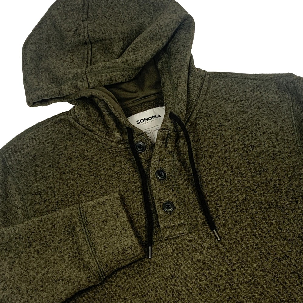 Sonoma Hoodie Mens Small Olive Green Pullover Fleece 3 Button Placket RN73277